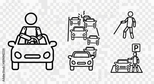 Set of simple line art icons representing driving and traffic situations.