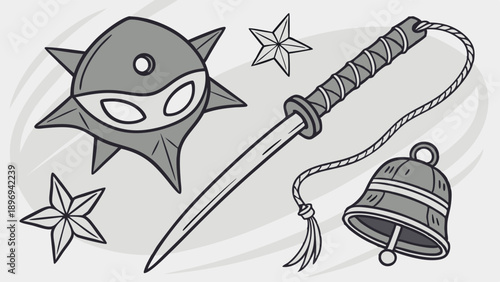 Ninja Warrior Weapon Set Black And White Illustration For Game Design Or Martial Arts Training Assets
