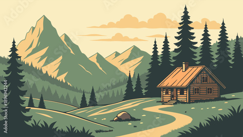 Rustic Cabin Retreat in Lush Green Mountain Valley Perfect for Travel Brochures Vacation Websites and Peaceful Lifestyle Advertising
