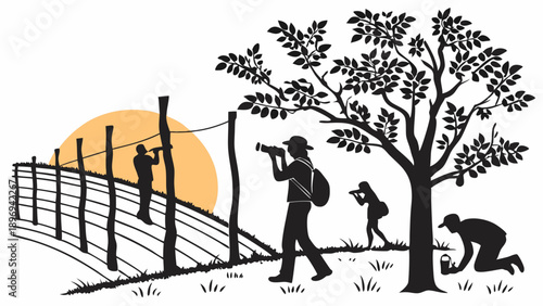 Outdoor Field Research Team Observing Nature with Binoculars and Collecting Samples at Sunset for Ecology Projects