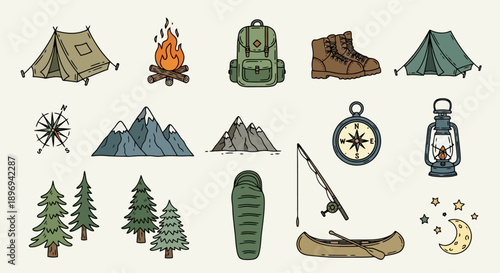 Outdoor Adventure Camping Gear and Supplies Collection.