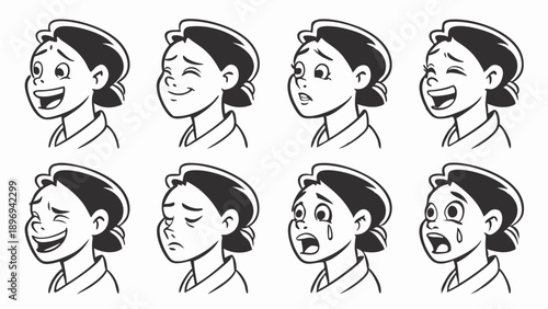 Female Character Emotions Set Happy Sad Crying Expressions for User Interface Design and Education