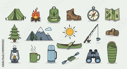 Outdoor adventure camping and hiking equipment collection.