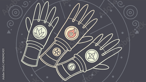 Mystical Alchemy Gloves with Elemental Runes for Game UI Design Magic Power RPG Assets