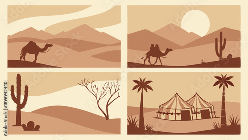 Desert Landscape Montage Camel Caravan Oasis Travel Adventure Icons for Web Design Backgrounds and Brochures