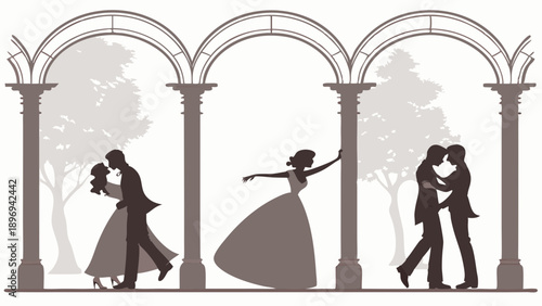 Romantic Wedding Dance Silhouettes Under Arches Celebrating Diverse Couples Love and Joyful Celebration