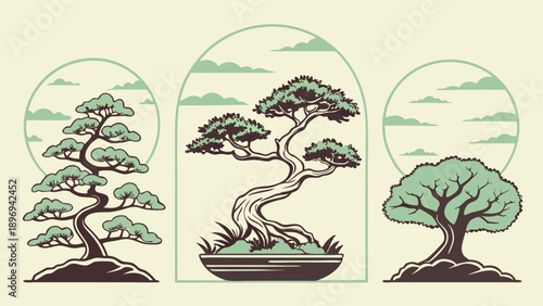Three Beautiful Japanese Bonsai Tree Illustrations for Zen Garden Design Website or Peaceful Spa Branding Projects