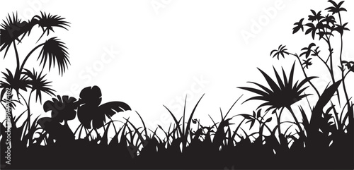 A black vector illustration of a tropical nature landscape featuring a summer silhouette of grass and flowers with palm tree leaves and a green bamboo plant pattern frame