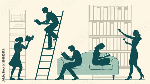 Silhouettes of Diverse Readers Browsing Bookshelves in Cozy Library Setting for Education and Literature Promotion
