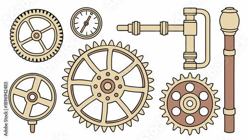 Steampunk Gears Cogs Mechanism Gauge Pipe Elements for Vintage Industrial Design Projects Engineering Schematics Website Graphics