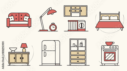 Minimalist Line Art Icons Set of Modern Home Furniture and Kitchen Appliances for Interior Design Projects