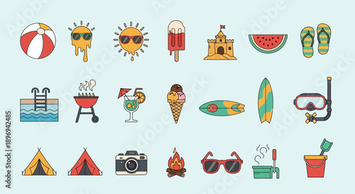 Summer Vacation Icons Collection Fun Beach Holiday Symbols.
