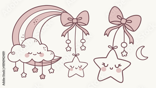 Cute Kawaii Nursery Decor Elements for Baby Shower Invitations Mobile Design Sweet Dreams Pink Moon Cloud Star Graphics