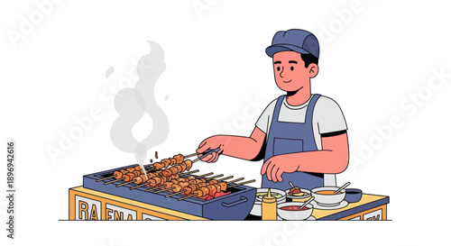 Cartoon Illustration of a Street Food Vendor Grilling Skewers.