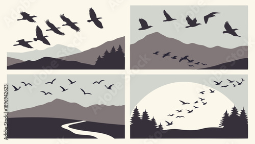 Migration Silhouette Birds Flying Over Mountains and Sunrise for Travel Web Design Seasonal Nature Backgrounds