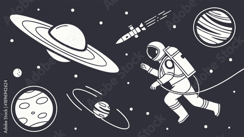 Astronaut Floating in Deep Space Near Saturn and Planets for Science Education Web Design or Sci-Fi Illustration