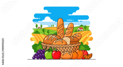 Assortment of Freshly Baked Breads in Woven Basket.