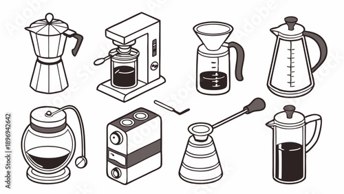 Various Coffee Makers Brewing Equipment Isometric Icons for Cafe Menu Design or Home Kitchen Illustration