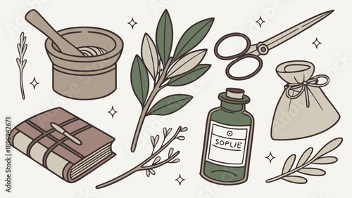 Witchcraft Apothecary Kit Herbs Potion Bottle Mortar Scissors for Occult Magic Design Projects