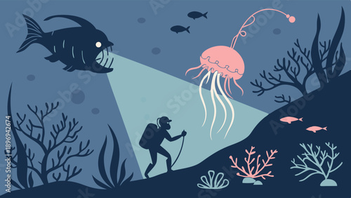 Deep Sea Exploration Diver Encounters Bioluminescent Jellyfish and Anglerfish Illustration for Marine Biology Research and Adventure Websites