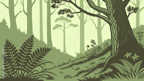 Lush Green Forest Landscape with Ferns and Tree Roots for Nature Website Background or Eco-Friendly Product Design