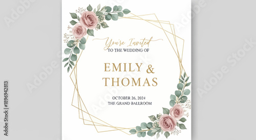 Elegant Floral Wedding Invitation with Geometric Frame and Romantic Text.