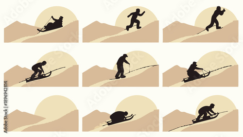 Sandboarding Activity Sequence Steps Man Riding Snowboard Down Desert Dune for Extreme Sports Recreation Illustration