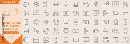 Internet and Computer icons set. Includes laptop, desktop, network, cloud, WIFI, coding, data, email, browser, and storage. Editable stroke. Line icons. Perfect for infographics, apps and web hosting.