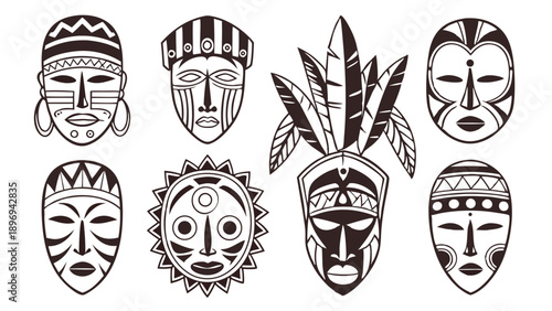 African Tribal Masks Set for Cultural Design Projects Website Banners Travel Promotion Ethnic Art Decor