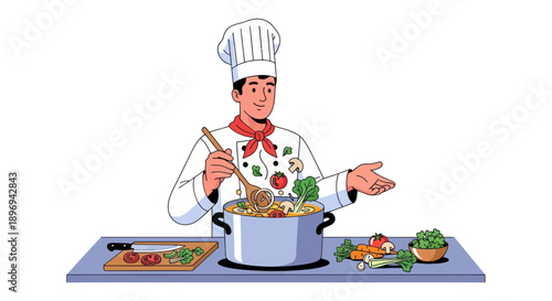 Cheerful Chef Cooking Pasta with Vegetables in Kitchen.