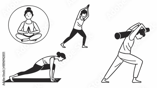 Diverse Yoga Poses Illustration for Fitness App Web Design Healthy Lifestyle Balance and Strength Training Graphics