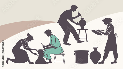 Artisan Potters Crafting Ceramics Hand-Building Vases for Craft Workshop Website or Small Business Promotion