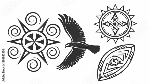 Ancient Tribal Symbols Eagle Flight Sun Shield Vector Set for Spiritual Branding Tattoo Design or Mystical Web Graphics