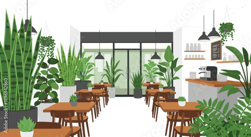 Indoor Cafe with Plants and Wooden Furniture.