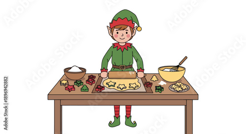 Festive Elf Rolling Out Cookie Dough for Christmas Baking.