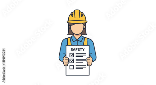 Cartoon Female Construction Worker Holding Safety Checklist.