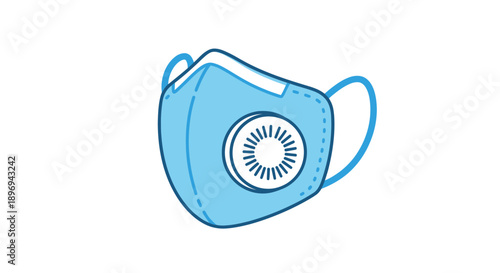 A simple line art illustration of a blue protective face mask with a respirator valve.