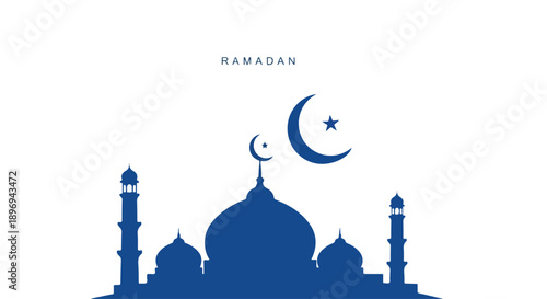 Simple blue silhouette of a mosque with crescent moon and star on a white background with Ramadan text