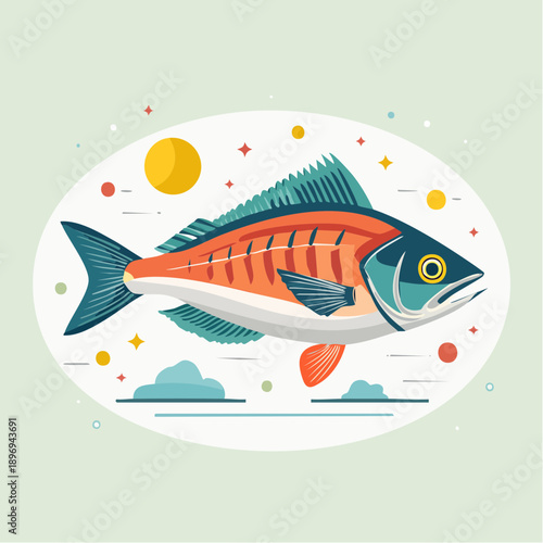 Vibrant Orange Fish Illustration with Details.