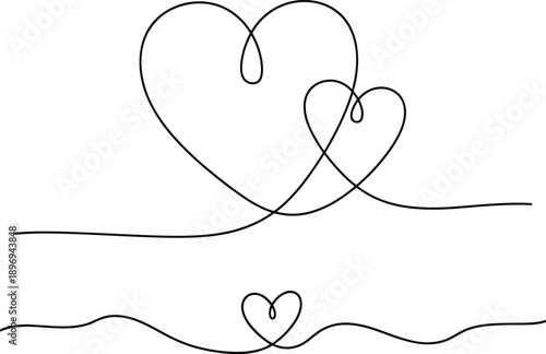 Continuous line drawing of two intertwined hearts and a small heart divider