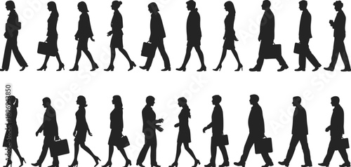 Business people walking silhouette collection, office men women carrying briefcase poses, professional crowd movement icons, flat vector illustration