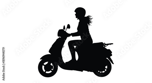 Silhouette of a woman riding a scooter in a side view