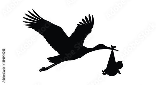 A silhouette of a stork in flight carrying a baby in a bundle