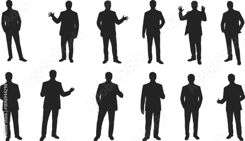 Businessman silhouette collection showing corporate men in suits presenting, gesturing and standing confidently, professional leadership poses flat vector illustration set