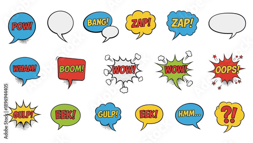 Colorful Comic Book Speech Bubbles with Various Exclamations and Sound Effects.