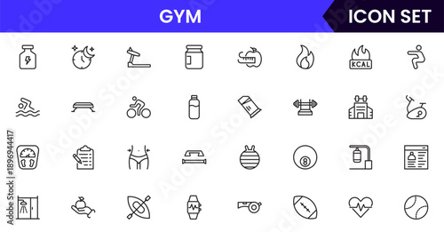 Gym icons depicting fitness, exercise, workout equipment, dumbbells, treadmills, yoga, strength training, health, wellness, cardio, personal training, motivation, stretching