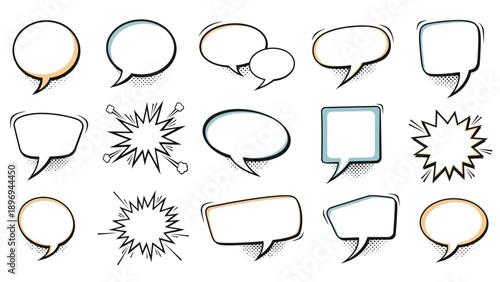Diverse Comic Speech Bubbles with Outlines Dotted Textures and Unique Shapes.