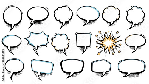 Collection of Comic Book Speech Bubbles with Black Outlines and Halftone Shading.