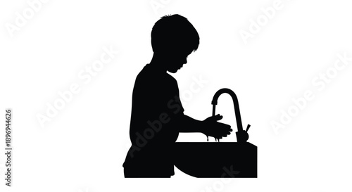 Silhouette of a young boy washing his hands at a sink