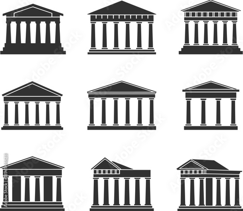 Classical courthouse building silhouettes collection, ancient temple architecture icons set, government column structures, isolated black symbols, flat vector illustration